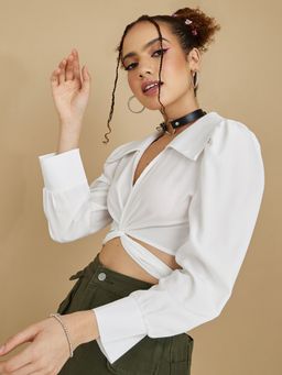 Styli - Puff Sleeves Self Tie Waist Crop Top